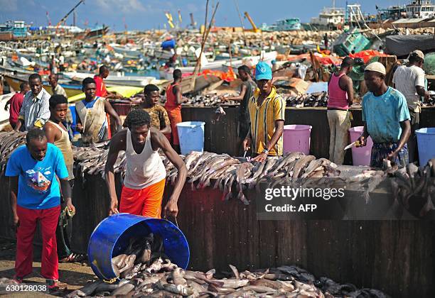 Somali vendors prepare fish for sale at Bosaso beach in Puntland northeastern Somalia, on December 17, 2016. Fishermen bring fish to the market for...