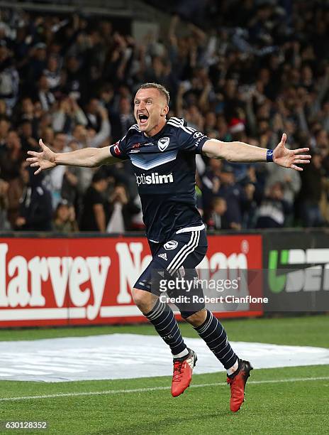 Besart Berisha of the Victory celebrates after scoring a goal during the round 11 A-League match between Melbourne City FC and Melbourne Victory at...