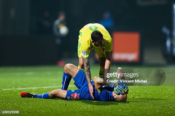 Remy Riou of Nantes and Emiliano Sala of Nantes during the French Ligue 1 match between Angers and Nantes on December 16, 2016 in Angers, France.