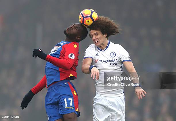 Christian Benteke of Crystal Palace and David Luiz of Chelsea battle to win a header during the Premier League match between Crystal Palace and...