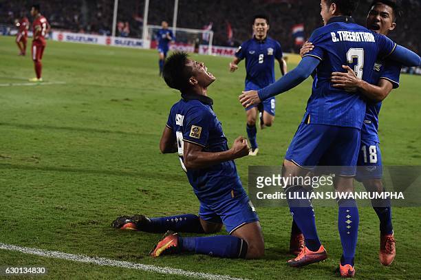 Thailand football player Sirod Chatthong celebrates after scoring against Indonesia during the second leg of the AFF Suzuki Cup Final between...