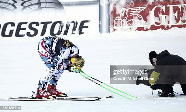 Max Franz of Austria reacts in the finish area after winning the Audi FIS Alpine Ski World Cup Men's Downhill race on December 17, 2016 at Val...