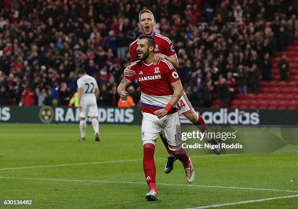 Alvaro Negredo of Middlesbrough celebrates scoring his sides second goal with Adam Forshaw of Middlesbrough during the Premier League match between...