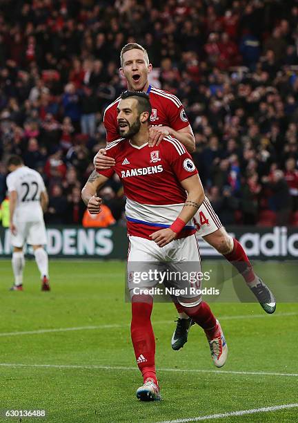 Alvaro Negredo of Middlesbrough celebrates scoring his sides second goal with Adam Forshaw of Middlesbrough during the Premier League match between...