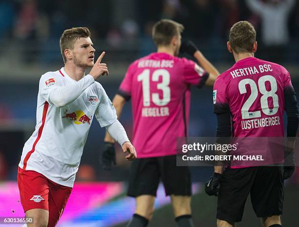 Leipzig´s striker Timo Werner celebrates after scoring during the German first division Bundesliga football match between RB Leipzig and Hertha BSC...