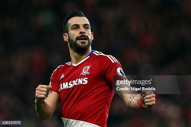 Alvaro Negredo of Middlesbrough celebrates scoring his sides second goal during the Premier League match between Middlesbrough and Swansea City at...