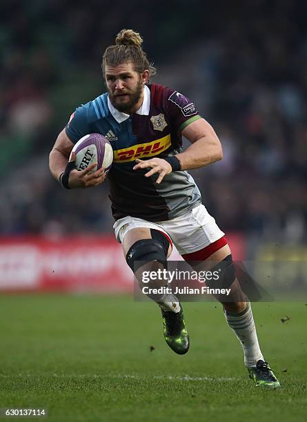 Luke Wallace of Quins runs in to score a try during the European Rugby Challenge Cup match between Harlequins and Timisoara Saracens at Twickenham...