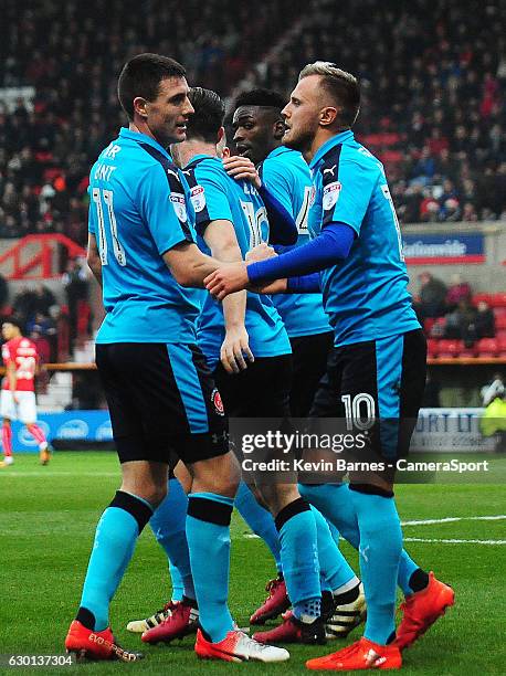 Fleetwood Town's David Ball celebrates scoring his sides first goal with team-mate Bobby Grant during the Sky Bet League One match between Swindon...