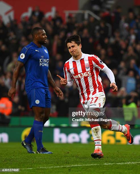 Bojan Krkic of Stoke City celebrates scoring his sides first goal during the Premier League match between Stoke City and Leicester City at Bet365...