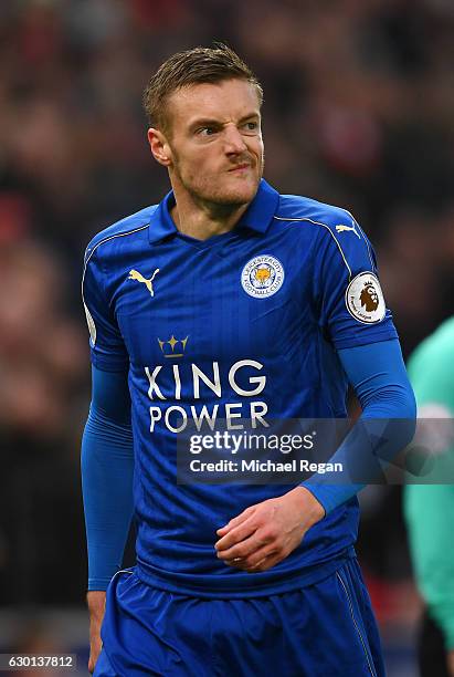 Jamie Vardy of Leicester City reacts to being sent off during the Premier League match between Stoke City and Leicester City at Bet365 Stadium on...