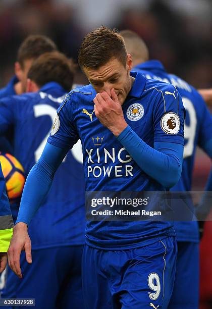 Jamie Vardy of Leicester City reacts to being sent off during the Premier League match between Stoke City and Leicester City at Bet365 Stadium on...