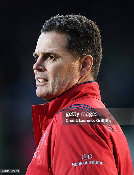 Rassie Erasmus of Munster Rugby looks on during the European Rugby Champions Cup match between Leicester Tigers and Munster Rugby on December 17,...