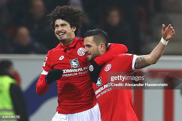 Danny Latza of Mainz celebrates scoring the 2nd team goal with his team mate Andre Ramalho Silva during the Bundesliga match between 1. FSV Mainz 05...