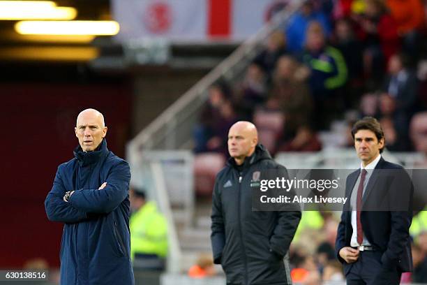 Bob Bradley, Manager of Swansea City looks on during the Premier League match between Middlesbrough and Swansea City at Riverside Stadium on December...