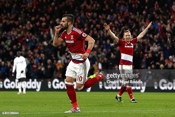 Alvaro Negredo of Middlesbrough celebrates scoring his sides first goal during the Premier League match between Middlesbrough and Swansea City at...