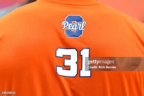 General view of the back of a Syracuse Orange warm up shirt to honor former player Pearl Washington prior to the game against the Georgetown Hoyas at...