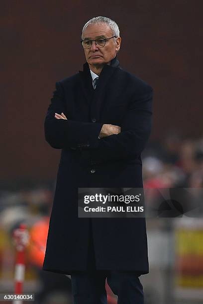 Leicester City's Italian manager Claudio Ranieri reacts as he watches his players from the touchline during the English Premier League football match...