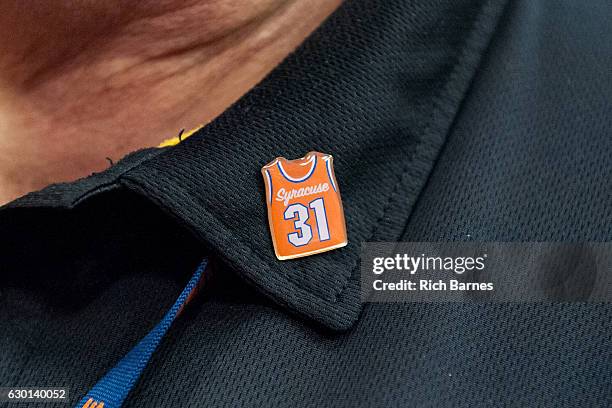 General view of a pin to honor former Syracuse Orange player Pearl Washington prior to the game between the Georgetown Hoyas and the Syracuse Orange...