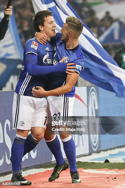 Yevhen Konoplyanka celebrates with and Donis Avdijaj after he scores the equalizing goal to make it 1-1 during the Bundesliga match between FC...