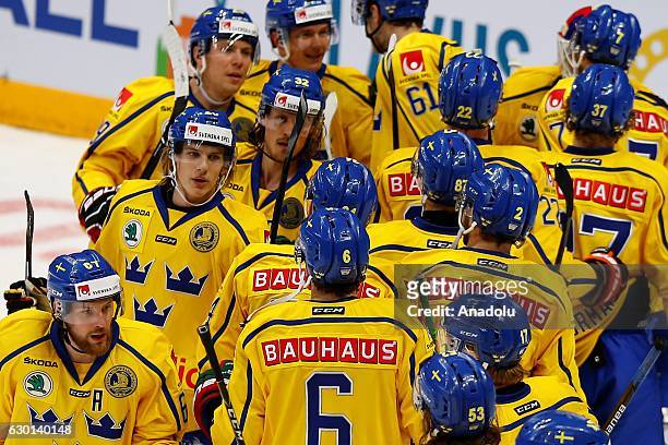 Teams of Sweden during the Euro Hockey tour Channel One Cup match between Finland and Sweden at the VTB Ice Palace in Moscow, Russia, on December 17,...