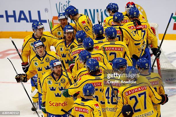 Teams of Sweden during the Euro Hockey tour Channel One Cup match between Finland and Sweden at the VTB Ice Palace in Moscow, Russia, on December 17,...