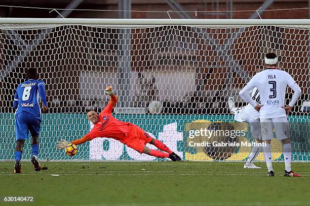 Joao Pedro dos Santos of Cagliari Calcio misses while Lukasz Skorupski of Empoli FC saves the penalty during the Serie A match between Empoli FC and...