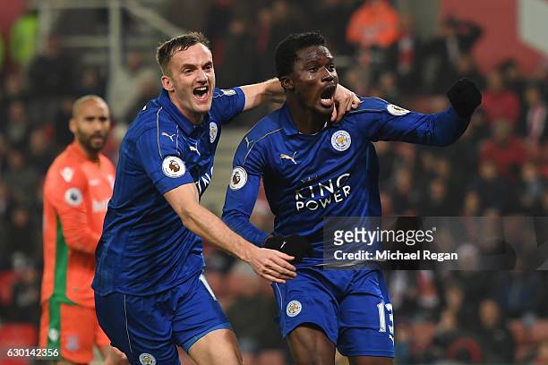 Daniel Amartey of Leicester City celebrates scoring his sides second goal with Andy King of Leicester City during the Premier League match between...
