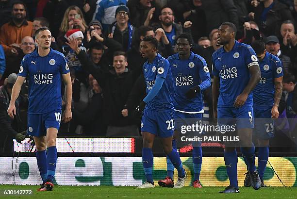 Leicester City's Ghanaian midfielder Daniel Amartey celebrates scoring his team's second goal during the English Premier League football match...