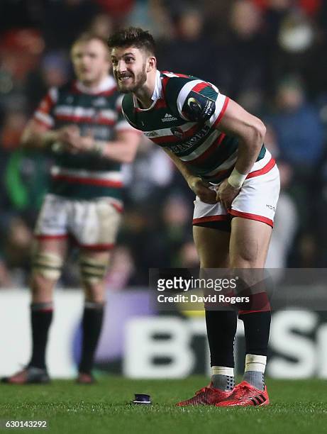 Owen Williams of Leicester, looks anxious as he kicks a long range, last minute, match winning penalty during the European Rugby Champions Cup match...