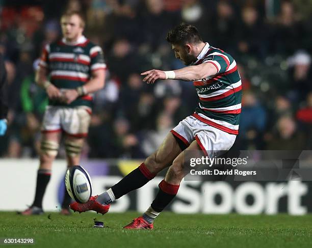 Owen Williams of Leicester kicks a long range, last minute, match winning penalty during the European Rugby Champions Cup match between Leicester...