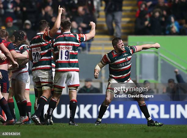 Ed Slater of Leicester celebrates their victory during the European Rugby Champions Cup match between Leicester Tigers and Munster at Welford Road on...