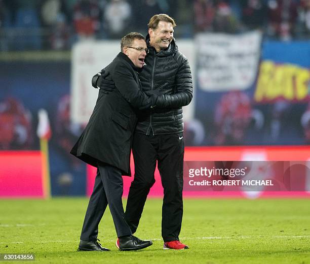 Lepzig´s Austrian head coach Ralph Hasenhuettl and Manager Ralf Rangnick celebrate after the German first division Bundesliga football match between...