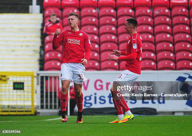 Swindon Town's Luke Norris celebrates scoring his sides first goal during the Sky Bet League One match between Swindon Town and Fleetwood Town at...