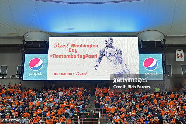 General view of the video board during a halftime celebration of former Syracuse Orange player Pearl Washington during the game against the...