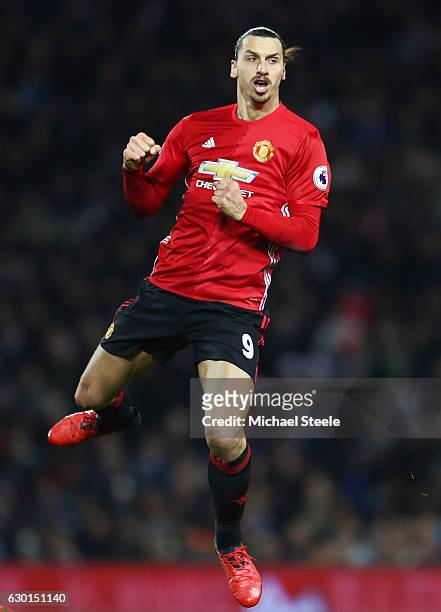 Zlatan Ibrahimovic of Manchester United celebrates scoring his sides second goal during the Premier League match between West Bromwich Albion and...