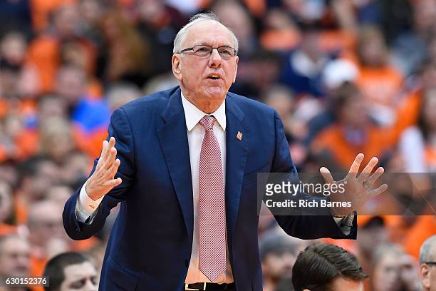 Head coach Jim Boeheim of the Syracuse Orange reacts to a call against the Georgetown Hoyas during the first half at the Carrier Dome on December 17,...