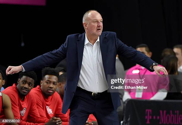 Head coach Thad Matta of the Ohio State Buckeyes reacts during his team's game against the UCLA Bruins during the CBS Sports Classic at T-Mobile...