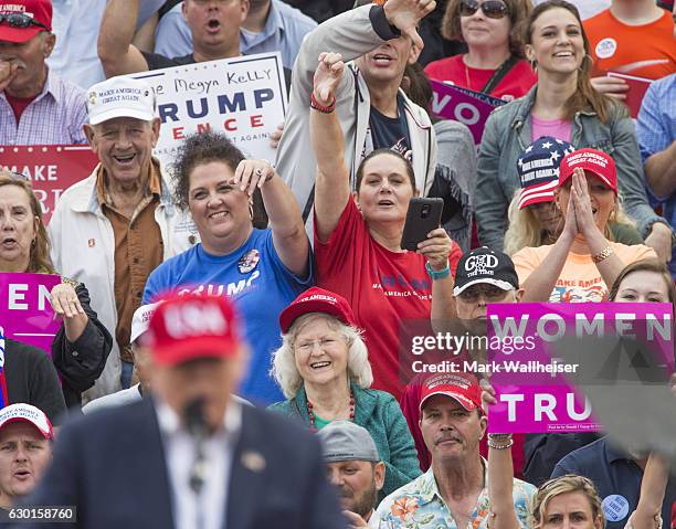 President-elect Donald Trump boo the media as he speaks during a thank you rally in Ladd-Peebles Stadium on December 17, 2016 in Mobile, Alabama....