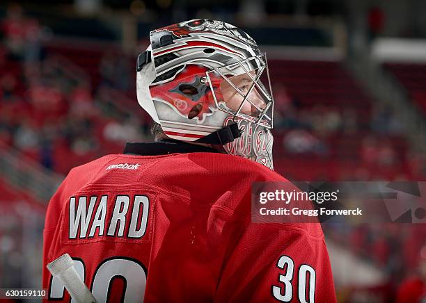 Cam Ward of the Carolina Hurricanes is photographed near the crease during warmups prior to an NHL game on December 17, 2016 at PNC Arena in Raleigh,...