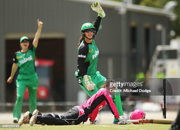 Emma Inglis of the Stars celebrates her runout of Lisa Sthalekar of the Sixers during the WBBL match between the Stars and Sixers on December 18,...