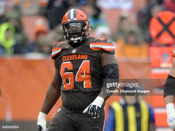 Right guard Jonathan Cooper of the Cleveland Browns walks onto the field during a game against the Cincinnati Bengals on December 11, 2016 at...