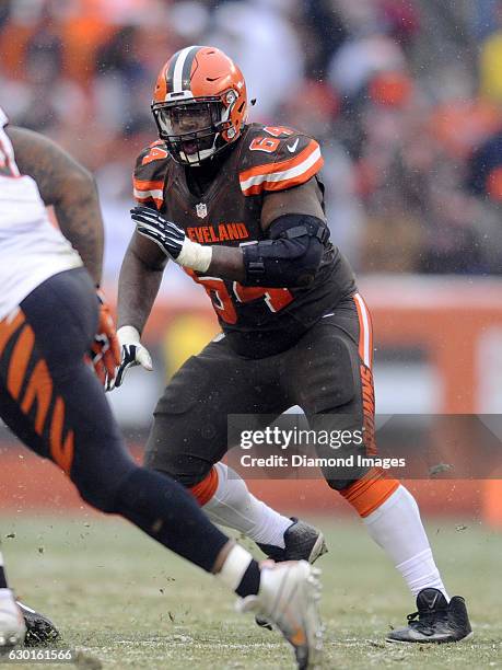 Right guard Jonathan Cooper of the Cleveland Browns prepares to engage a defender during a game against the Cincinnati Bengals on December 11, 2016...