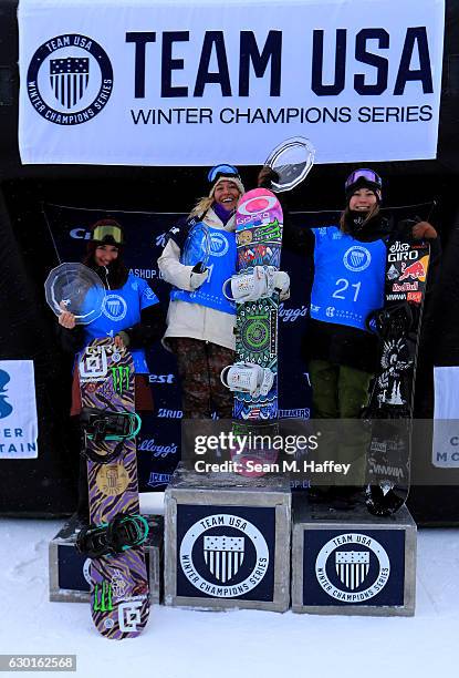 Enni Rukajarvi of Finland in second place, Jamie Anderson in first place and Klaudia Medlova from Slovakia in third celebrate on the podium in the...