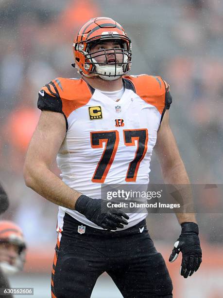 Left tackle Andrew Whitworth of the Cincinnati Bengals looks on during an extra point attempt in the first quarter of a game against the Cleveland...