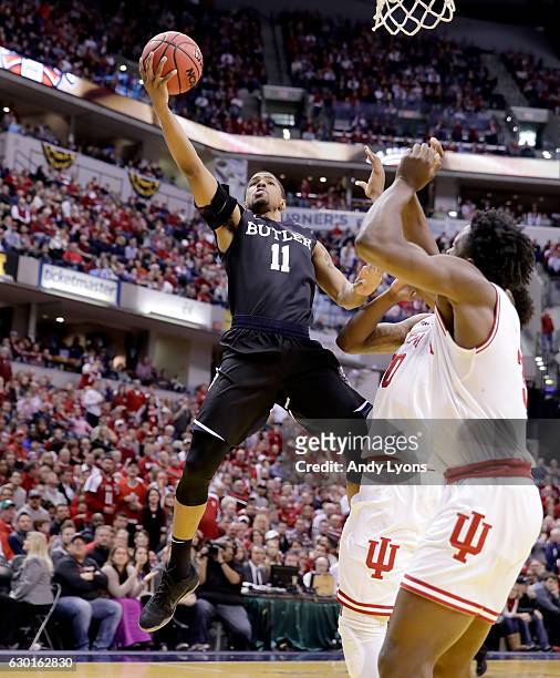 Kethan Savage of the Butler Bulldogs shoots the ball during the 83-78 win over the Indiana Hoosiers during the Crossroads Classic at Bankers Life...