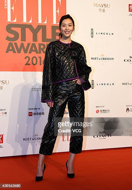 Fashion model Liu Wen poses at the red carpet of 2016 ELLE Style Awards ceremony on December 16, 2016 in Shanghai, China.