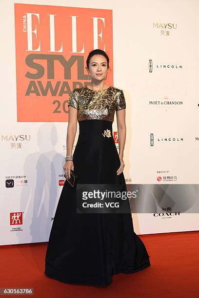 Actress Zhang Ziyi poses at the red carpet of 2016 ELLE Style Awards ceremony on December 16, 2016 in Shanghai, China.
