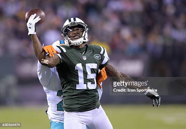 Miami Dolphins Cornerback Xavien Howard breaks up the play on New York Jets Wide Receiver Brandon Marshall during the NY Jets vs Miami Dolphins NFL...