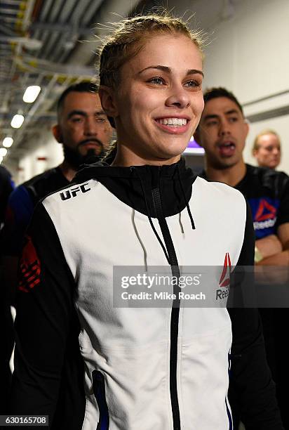 Paige VanZant prepares to enter the Octagon before her women's strawweight bout against Michelle Waterson during the UFC Fight Night event inside the...