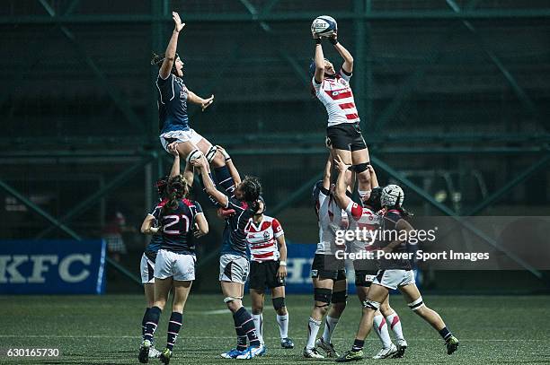 Aio Mimura of Japan is lifted for teammates during the Womens Rugby World Cup 2017 Qualifier match between Hong Kong and Japan on December 17, 2016...